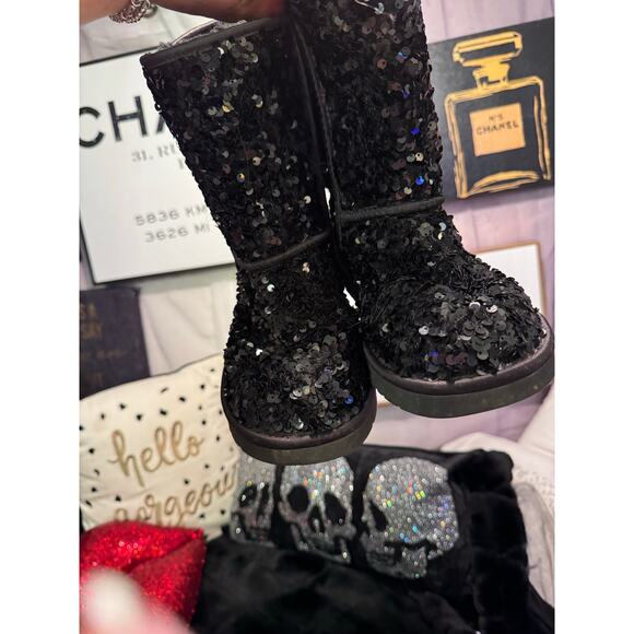 Ugg short classic emu boot- sheepskin black sequin bling sz 9 women 1130650 - Picture 7 of 14